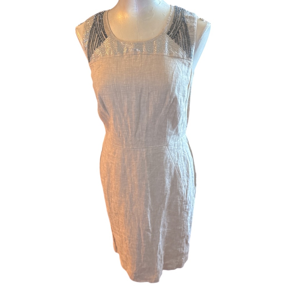 LOFT 100% Linen Dress NWT Neutral Sequin Beaded Embellished Shift  Size 2
